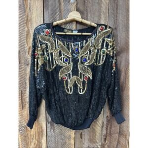 Vintage 80s Silk Sequin Beaded M Gatsby Glam Disco Bat‎ Wing Studio 54 Broadway